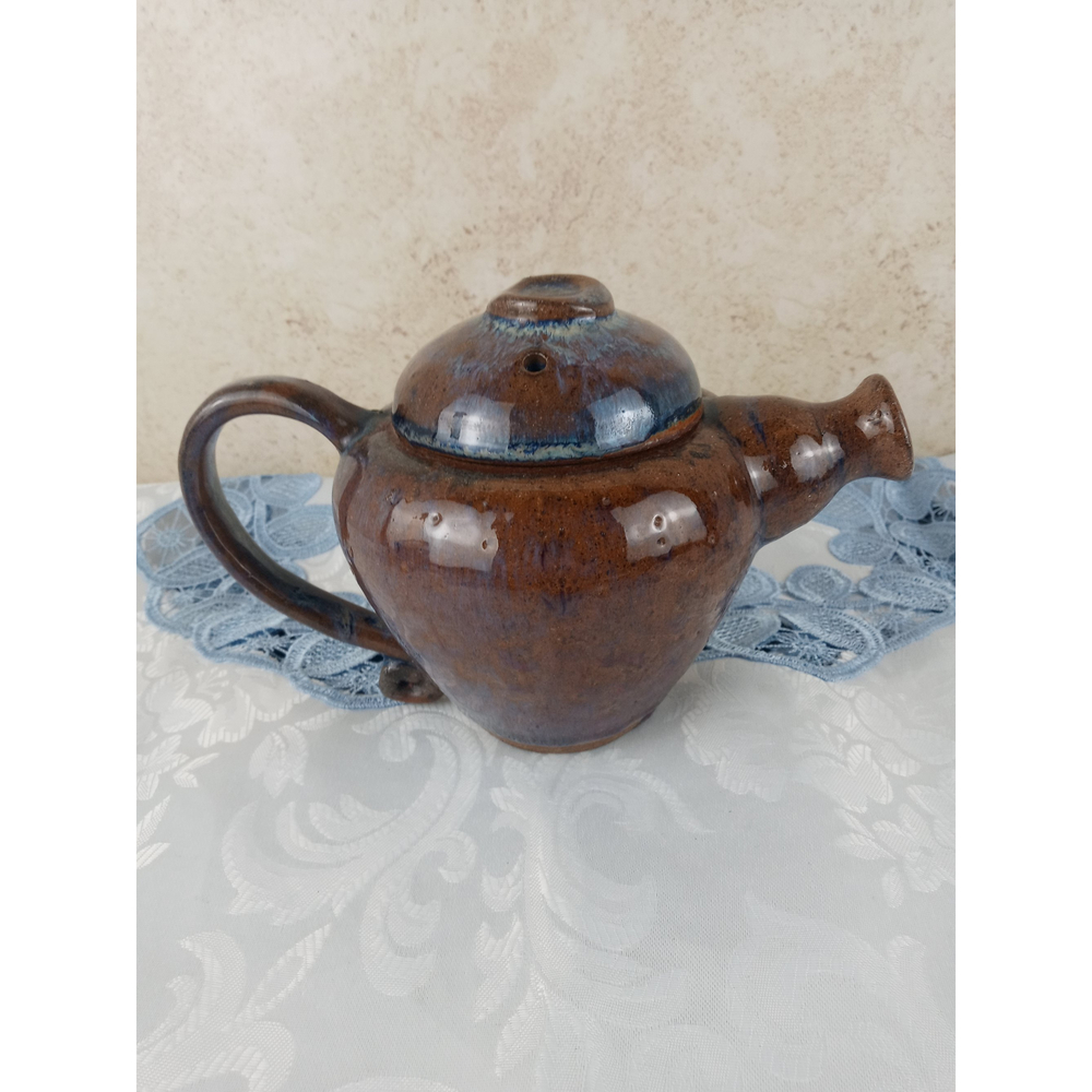 Studio Art Pottery Teapot Blue and Brown Glaze Marked